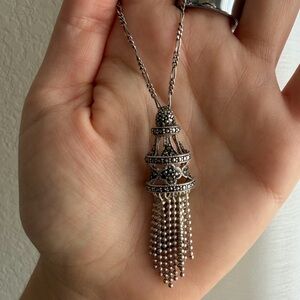Vintage Marcasite Silver Tassel Pendant Necklace